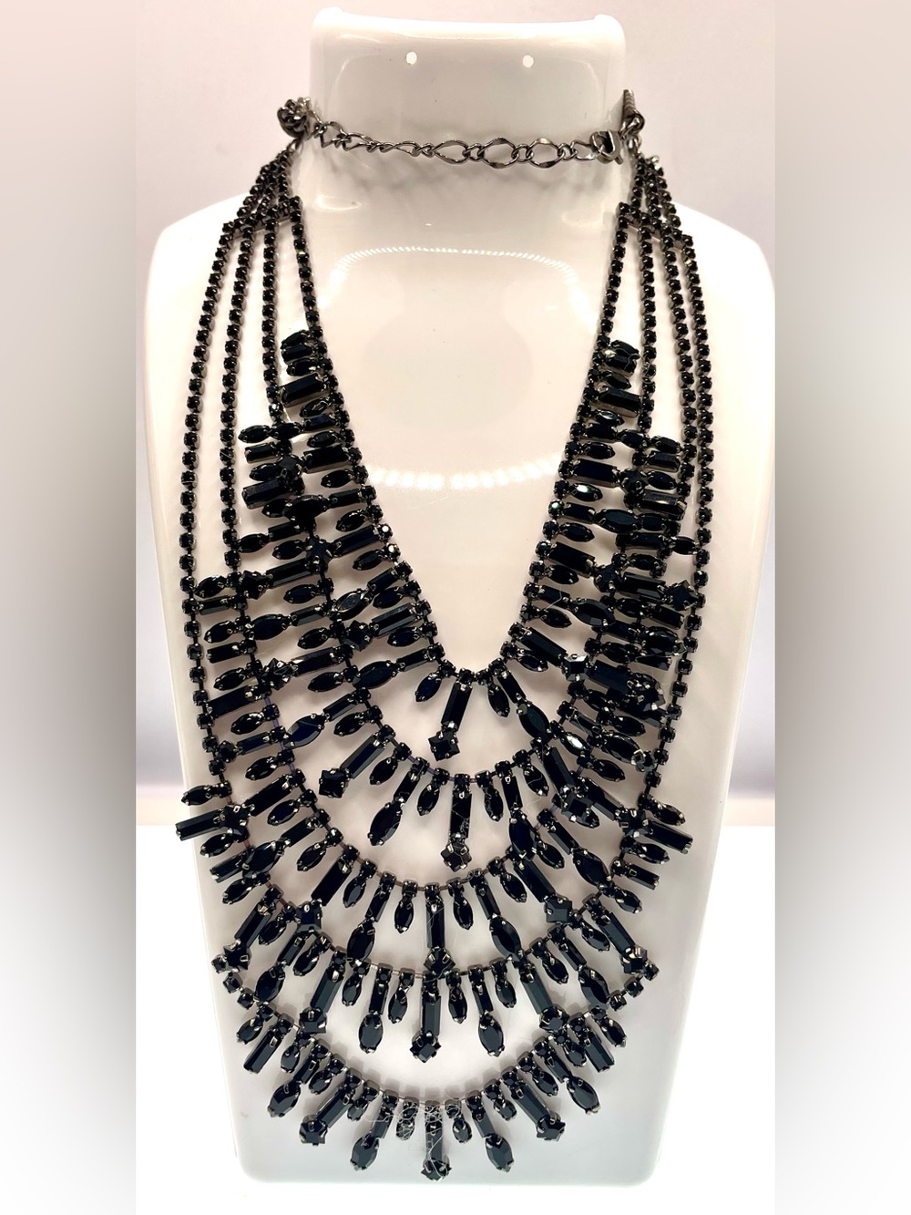 Vintage Black Rhinestone Bib Statement Necklace Gunmetal Multi Strand Gothic Y2K